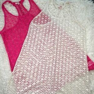 Bongo Crochet Tank Top Set Women XL Pink White Excellent Racerback Coverup